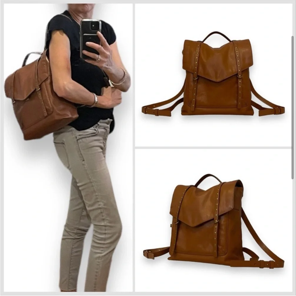 Lucky Brand Womans Camel Brown Pebbled Leather Group Vamp Utility Backpack Purse